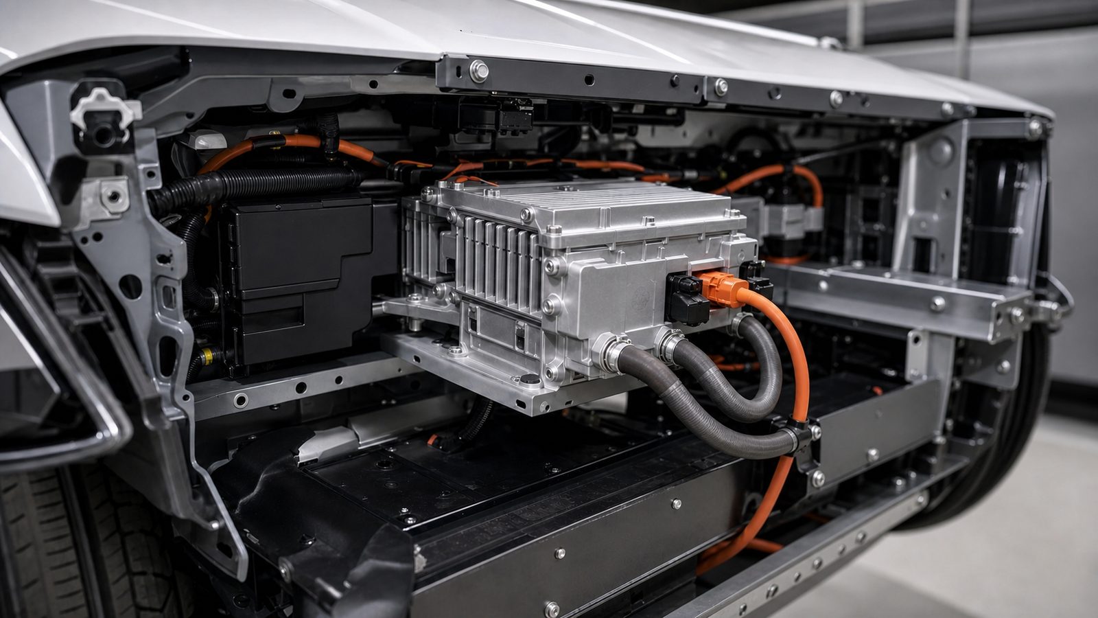 Onboard DC fast charger and power-electronics stack integrated into an EV front end