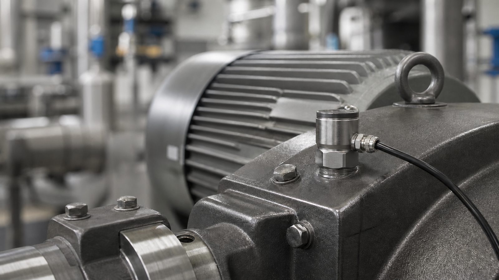 Industrial IoT condition-monitoring sensor mounted on a plant motor
