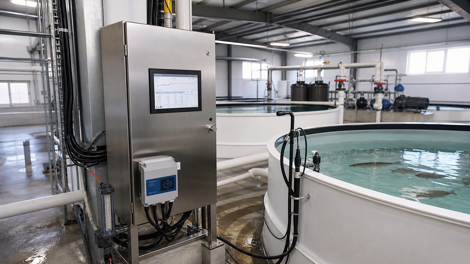 Recirculating-aquaculture water-quality control cabinet beside circular fish tanks