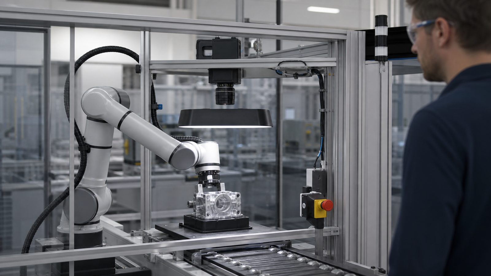 Robotic arm with an overhead machine-vision camera inspecting a machined part